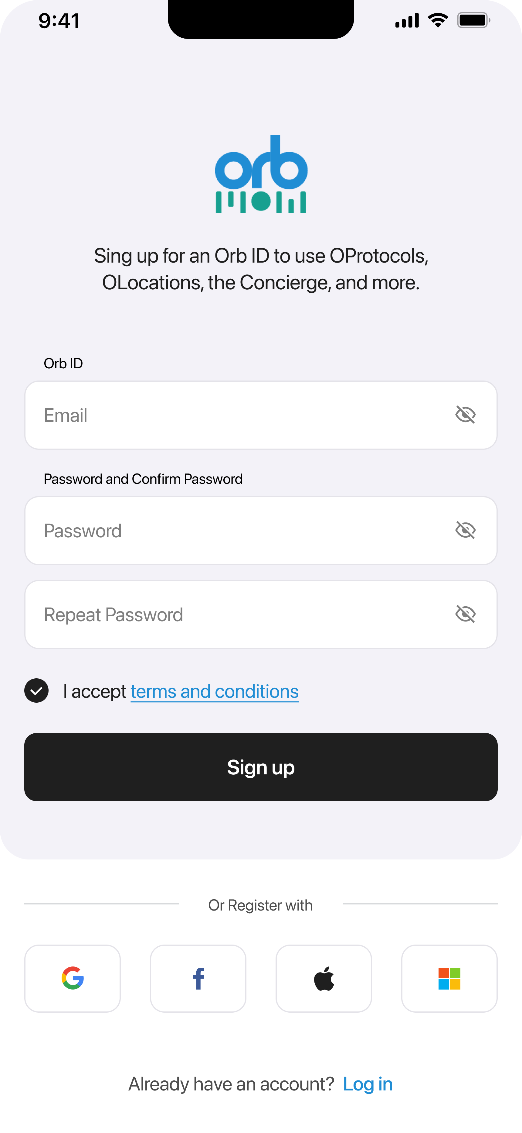 OrbVPN Sign-Up Screen